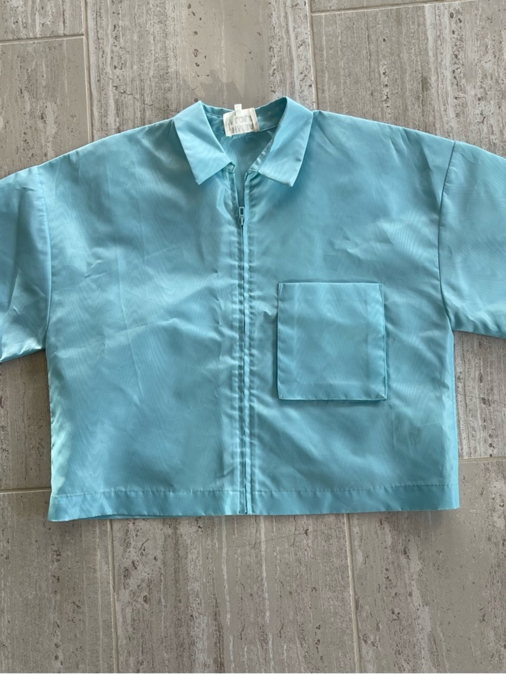 Bimba Y Lola Light Blue Boxy Cropped Zip Front Shirt.